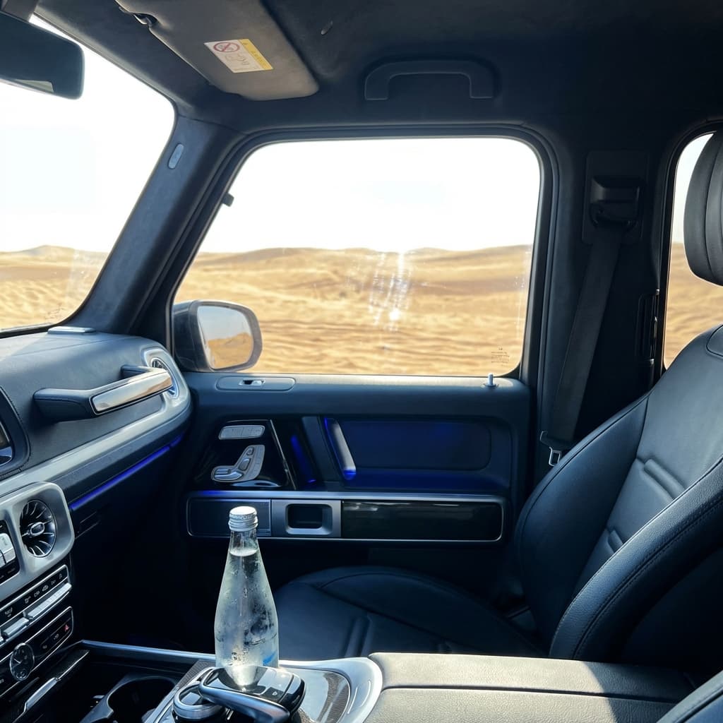 Pilgrim drinking water in air conditioned car