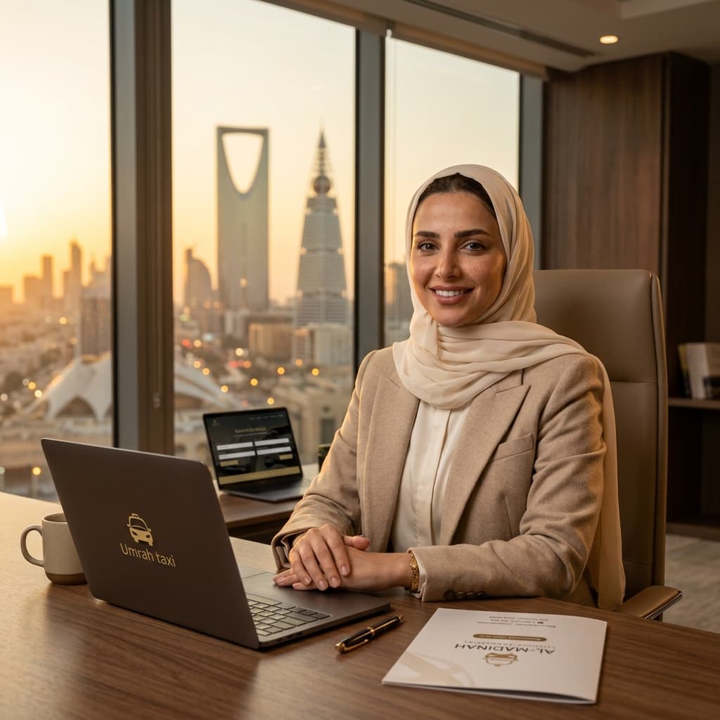 Professional Arab woman marketing agent in office at sunset