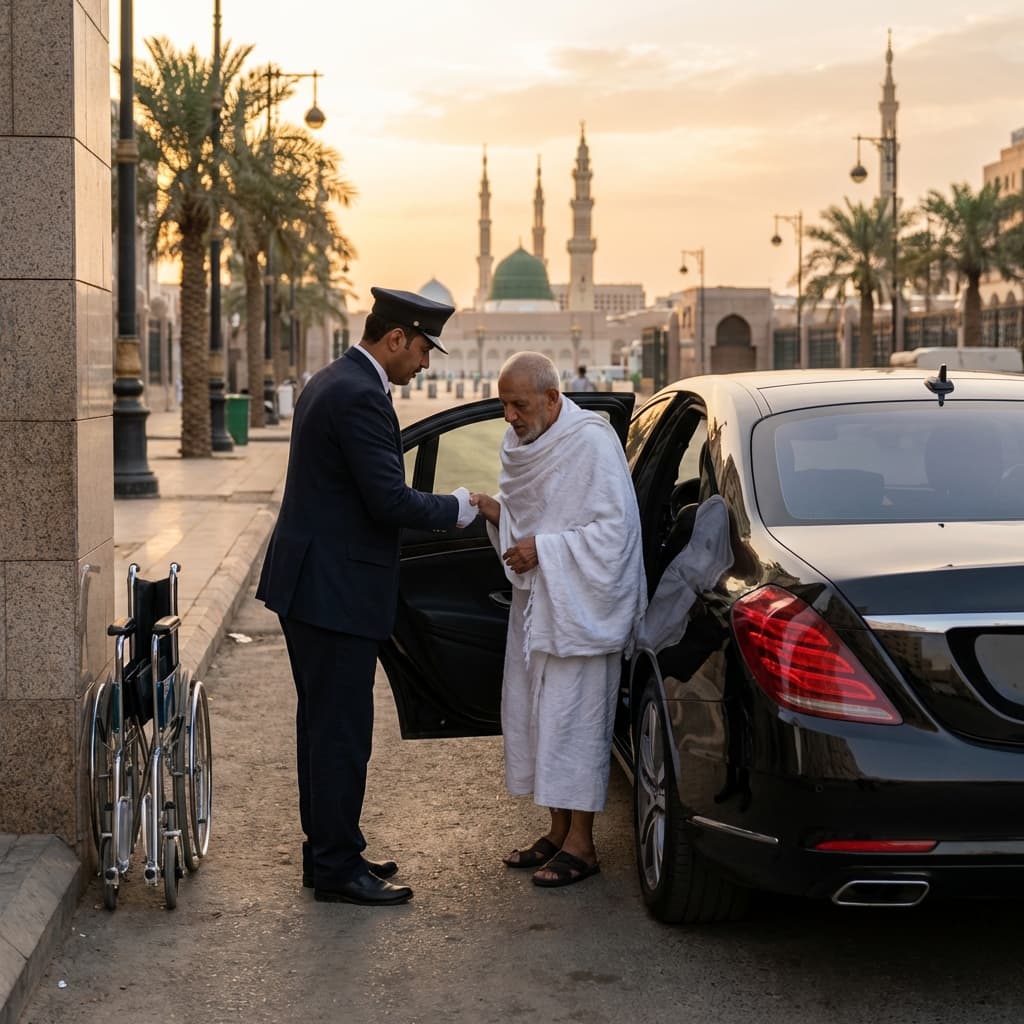 Son assisting elderly father into comfortable Umrah transport