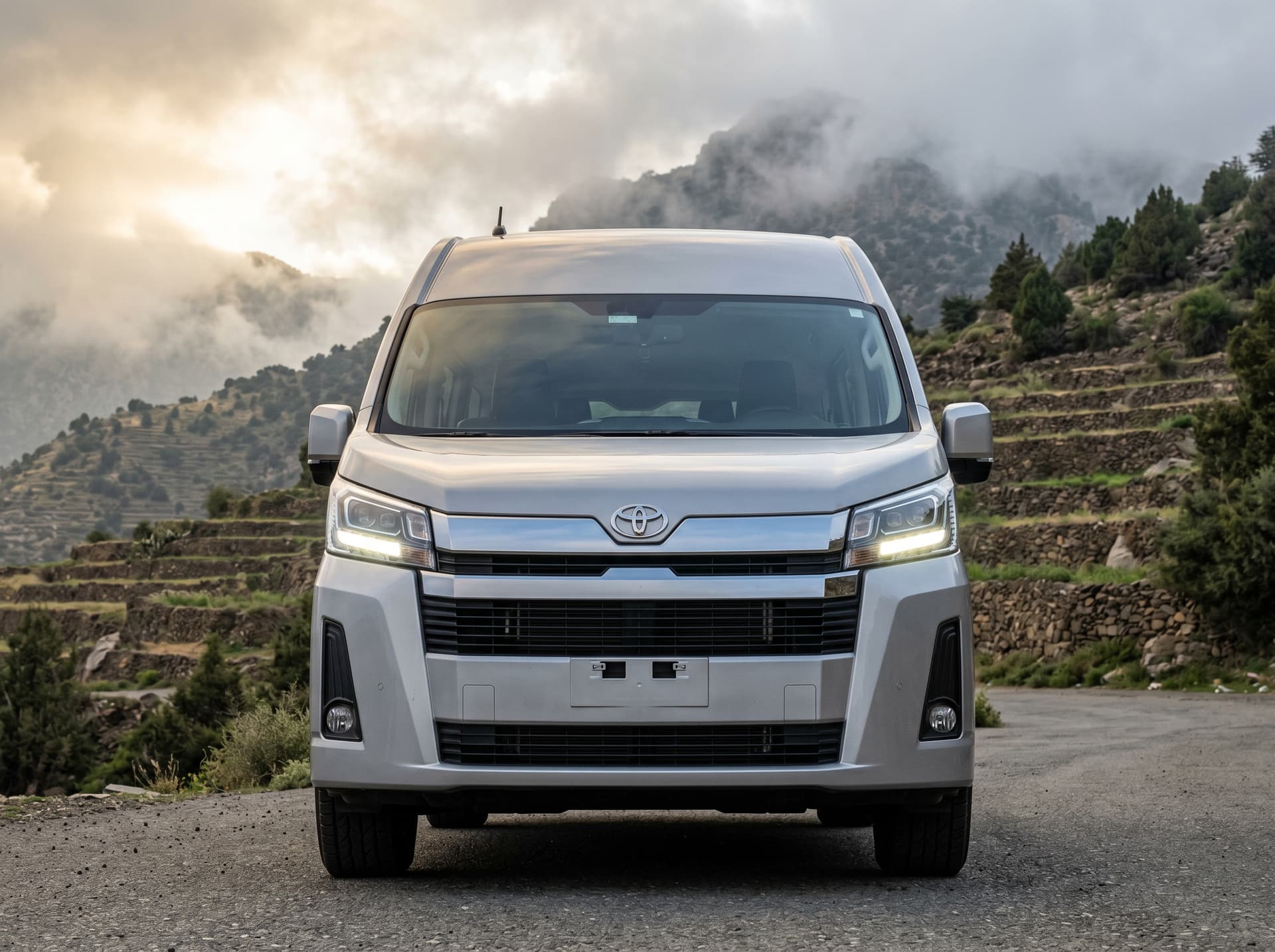 Toyota Hiace 2026 front shot in Abha mountains