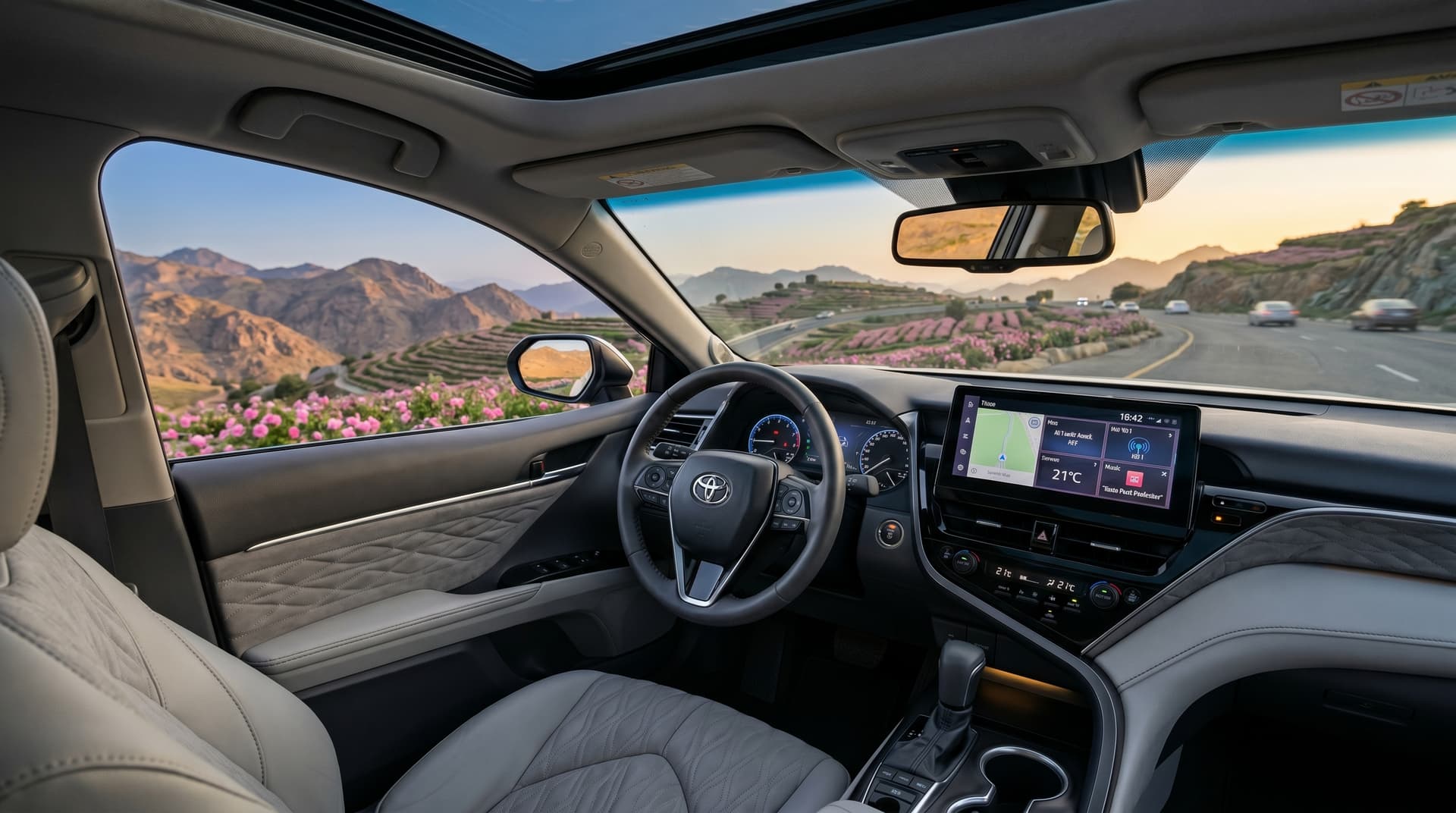 Toyota Camry premium leather seats interior Umrah transfer